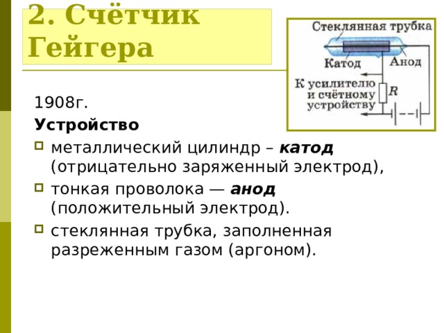 2. Счётчик Гейгера 1908г. Устройство металлический цилиндр – катод (отрицательно заряженный электрод), тонкая проволока — анод (положительный электрод). стеклянная трубка, заполненная разреженным газом (аргоном). 