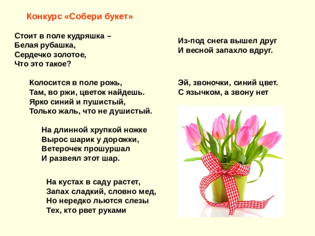 Конкурс «Собери букет»         Стоит в поле кудряшка – Белая рубашка, Сердечко золотое, Что это такое? Из-под снега вышел друг  И весной запахло вдруг.    Колосится в поле рожь, Там, во ржи, цветок найдешь. Ярко синий и пушистый, Только жаль, что не душистый. Эй, звоночки, синий цвет. С язычком, а звону нет На длинной хрупкой ножке Вырос шарик у дорожки, Ветерочек прошуршал И развеял этот шар. На кустах в саду растет, Запах сладкий, словно мед, Но нередко льются слезы Тех, кто рвет руками 