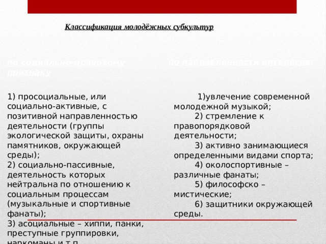 Классификация молодёжных субкультур по направленности интересов: по социально-правовому признаку 1) просоциальные, или социально-активные, с позитивной направленностью деятельности (группы экологической защиты, охраны памятников, окружающей среды);  2) социально-пассивные, деятельность которых нейтральна по отношению к социальным процессам (музыкальные и спортивные фанаты);   3) асоциальные – хиппи, панки, преступные группировки, наркоманы и т.п  1)увлечение современной молодежной музыкой;    2) стремление к правопорядковой деятельности;    3) активно занимающиеся определенными видами спорта;    4) околоспортивные – различные фанаты;    5) философско – мистические;    6) защитники окружающей среды. 