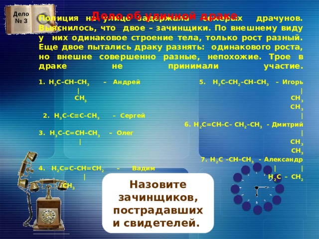 Дело об уличной драке Дело № 3 Полиция на улице задержала семерых драчунов. Выяснилось, что двое – зачинщики. По внешнему виду у них одинаковое строение тела, только рост разный. Еще двое пытались драку разнять: одинакового роста, но внешне совершенно разные, непохожие. Трое в драке не принимали участие.   1. Н 3 С–СН–СН 3 – Андрей 5. Н 3 С–СН 2 –СН–СН 3 – Игорь  | |  СН 3 СН 3  СН 3  2. Н 3 С–С≡С–СН 3 – Сергей |  6. Н 2 С=СН–С– СН 2 –СН 3 - Дмитрий  3. Н 3 С–С=СН–СН 3 – Олег |  | СН 3  СН 3  7. Н 2 С –СН–СН 3 - Александр  4. Н 2 С=С–СН=СН 2 – Вадим | |  | Н 2 С – СН 2  СН 3 На обсуждение вопроса дается 2 минуты, отсчитываемые часами. По истечении 2 мин. звенит будильник, и трубка телефона оказывается снята – это сигнал для просмотра верного ответа. На слайд с верным ответом переходим, кликая по прямоугольнику с вопросом. Возврат к игровому слайду (№ 9) по стрелке. Назовите зачинщиков, пострадавших и свидетелей. 19 