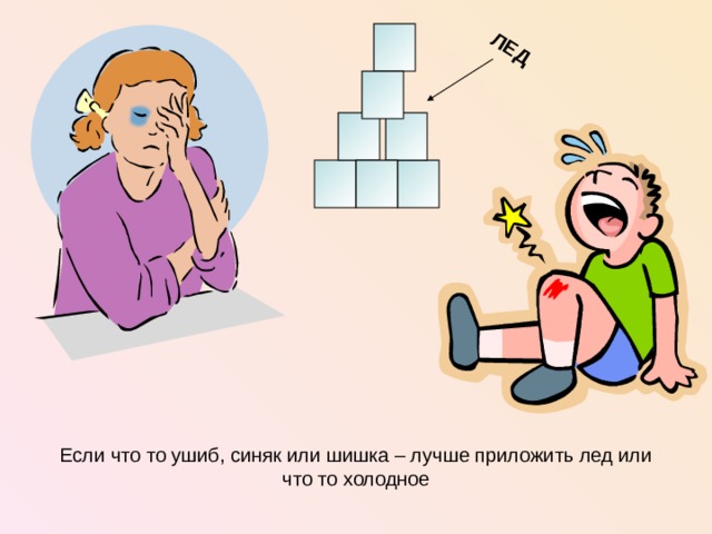 ЛЕД Если что то ушиб, синяк или шишка – лучше приложить лед или что то холодное  