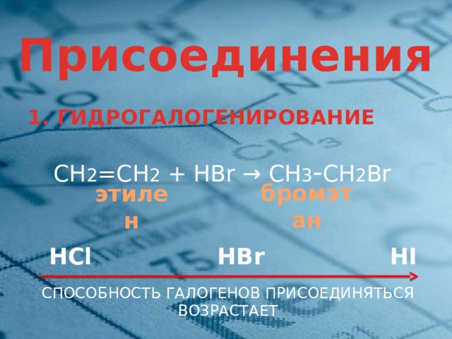 I . Присоединения 1. ГИДРОГАЛОГЕНИРОВАНИЕ СН 2 =СН 2 + HBr → СН 3 - СН 2 Br  бромэтан этилен HCl HBr HI СПОСОБНОСТЬ ГАЛОГЕНОВ ПРИСОЕДИНЯТЬСЯ ВОЗРАСТАЕТ  