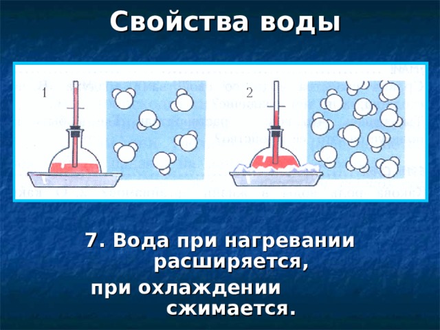 Свойства воды 7. Вода при нагревании расширяется, при охлаждении сжимается.  