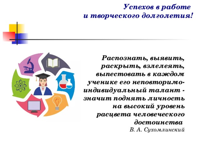 Успехов в работе и творческого долголетия! Распознать, выявить, раскрыть, взлелеять, выпестовать в каждом ученике его неповторимо-индивидуальный талант - значит поднять личность на высокий уровень расцвета человеческого достоинства В. А. Сухомлинский 
