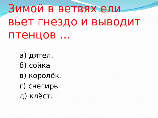 Зимой в ветвях ели вьет гнездо и выводит птенцов … а) дятел. б) сойка в) королёк. г) снегирь. д) клёст. 