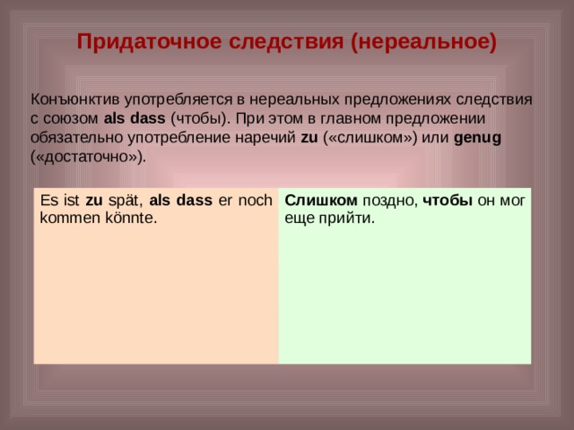 Придаточное следствия (нереальное)   Конъюнктив употребляется в нереальных предложениях следствия с союзом als dass (чтобы). При этом в главном предложении обязательно употребление наречий zu («слишком») или genug («достаточно»). Es ist zu spät, als dass er noch kommen könnte. Слишком поздно, чтобы он мог еще прийти. 