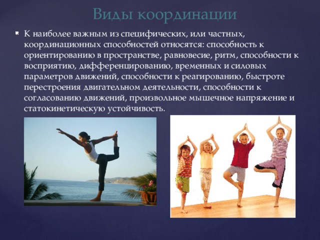 Виды координации К наиболее важным из специфических, или частных, координационных способностей относятся: способность к ориентированию в пространстве, равновесие, ритм, способности к восприятию, дифференцированию, временных и силовых параметров движений, способности к реагированию, быстроте перестроения двигательном деятельности, способности к согласованию движений, произвольное мышечное напряжение и статокинетическую устойчивость. 