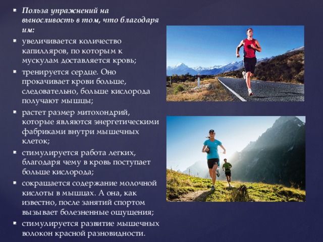 Польза упражнений на выносливость в том, что благодаря им: увеличивается количество капилляров, по которым к мускулам доставляется кровь; тренируется сердце. Оно прокачивает крови больше, следовательно, больше кислорода получают мышцы; растет размер митохондрий, которые являются энергетическими фабриками внутри мышечных клеток; стимулируется работа легких, благодаря чему в кровь поступает больше кислорода; сокращается содержание молочной кислоты в мышцах. А она, как известно, после занятий спортом вызывает болезненные ощущения; стимулируется развитие мышечных волокон красной разновидности. 