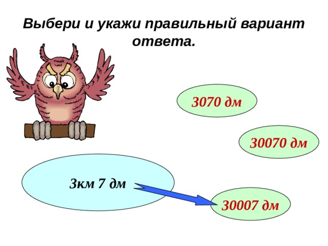 Выбери и укажи правильный вариант ответа. 3070 дм 30070 дм 3км 7 дм 30007 дм 