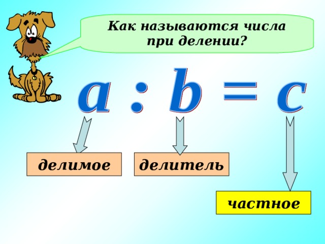 Как называются числа при делении? делимое делитель частное 