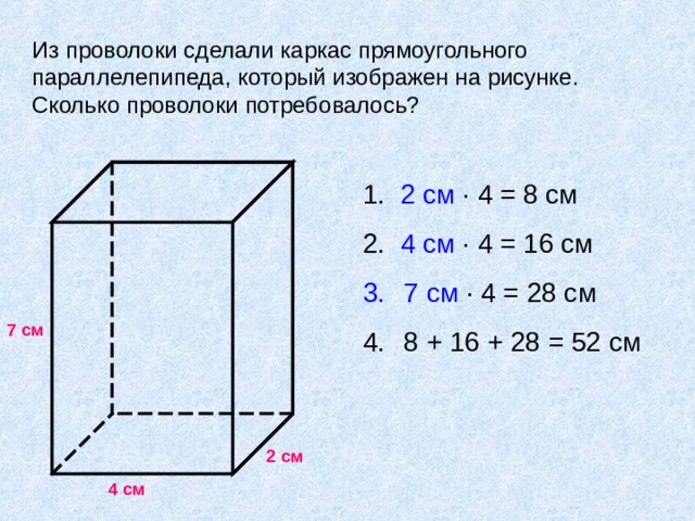 Из проволоки сделали каркас прямоугольного параллелепипеда, который изображен на рисунке. Сколько проволоки потребовалось? 1. 2 см  ∙ 4 = 8 см 2. 4 см  ∙ 4 = 16 см  7 см ∙ 4 = 28 см  8 + 16 + 28 = 52 см  7 см На закрепление понятия «ребро параллелепипеда» и знание количества ребер учитель предлагает ученикам практическую задачу по рисунку. 2 см 4 см 11 