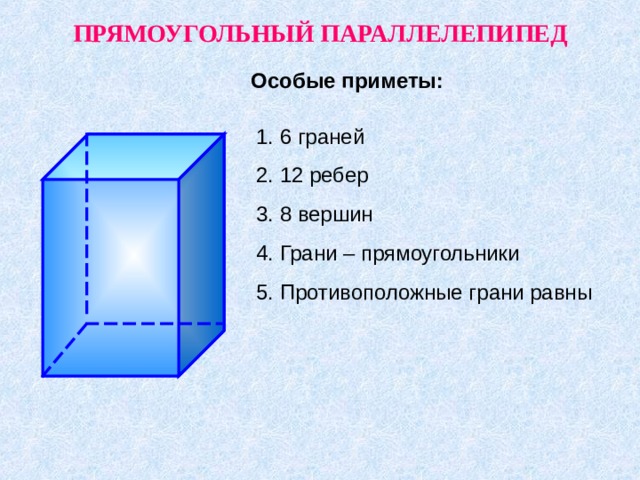 ПРЯМОУГОЛЬНЫЙ ПАРАЛЛЕЛЕПИПЕД Особые приметы: 6 граней 12 ребер 8 вершин Грани – прямоугольники Противоположные грани равны Учитель предлагает учащимся первого варианта, записать в тетради по рисунку, особые приметы прямоугольного параллелепипеда, а учащимся второго варианта – особые приметы куба. Затем вместе проверяем. 7 