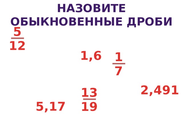 НАЗОВИТЕ обыкновенные дроби 5 12 1,6 1 7 2,491 13 5,17 19 3 