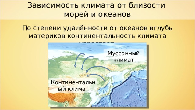Зависимость климата от близости морей и океанов По степени удалённости от океанов вглубь материков континентальность климата нарастает. Муссонный климат Континентальный климат 