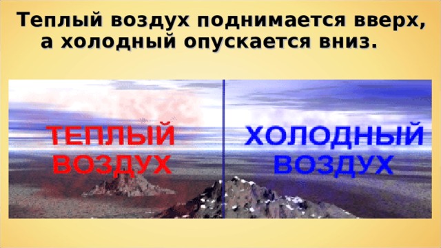 Теплый воздух поднимается вверх, а холодный опускается вниз. 