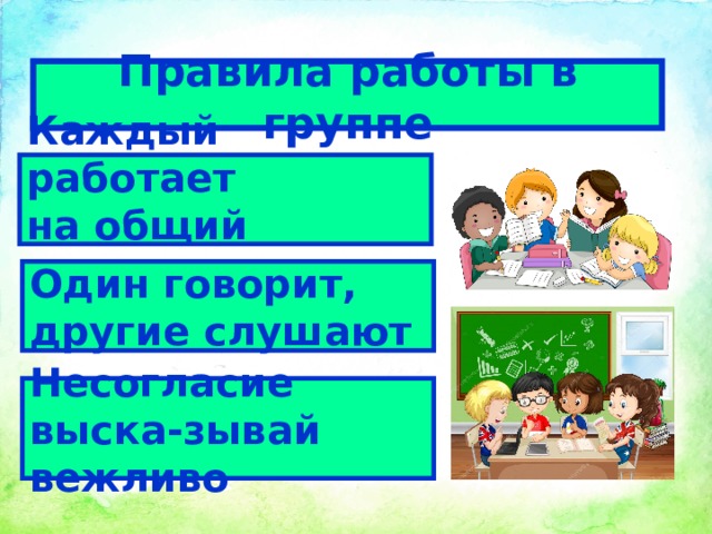 Правила работы в группе Каждый работает на общий результат Один говорит, другие слушают  Несогласие выска-зывай вежливо  