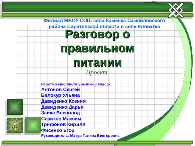 Филиал МБОУ СОШ села Каменка Самойловского района Саратовской области в селе Еловатка Разговор о правильном питании Проект Работу выполнили ученики 3 класса: Антонов Сергей Белокур Ульяна Давиденко Ксения Давиденко Дарья Заика Всеволод Сериков Максим Трифонов Кирилл Фисенко Егор Руководитель: Мазур Галина Викторовна 
