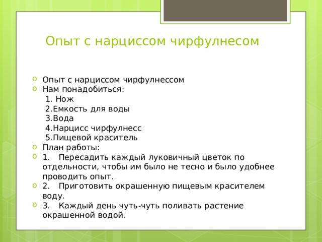 Опыт с нарциссом чирфулнесом Опыт с нарциссом чирфулнессом Нам понадобиться:  1. Нож  2.Емкость для воды  3.Вода  4.Нарцисс чирфулнесс  5.Пищевой краситель План работы: 1.  Пересадить каждый луковичный цветок по отдельности, чтобы им было не тесно и было удобнее проводить опыт. 2.  Приготовить окрашенную пищевым красителем воду. 3.  Каждый день чуть-чуть поливать растение окрашенной водой. 