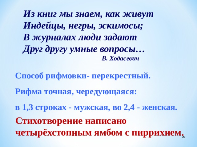 Из книг мы знаем, как живут Индейцы, негры, эскимосы; В журналах люди задают Друг другу умные вопросы…  В. Ходасевич Способ рифмовки- перекрестный. Рифма точная, чередующаяся: в 1,3 строках - мужская, во 2,4 - женская. Стихотворение написано четырёхстопным ямбом с пиррихием. 12 