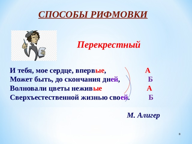 СПОСОБЫ РИФМОВКИ Перекрестный   И тебя, мое сердце, вперв ые , А Может быть, до скончания дн ей , Б Волновали цветы нежив ые  А Сверхъестественной жизнью сво ей . Б         М. Алигер  