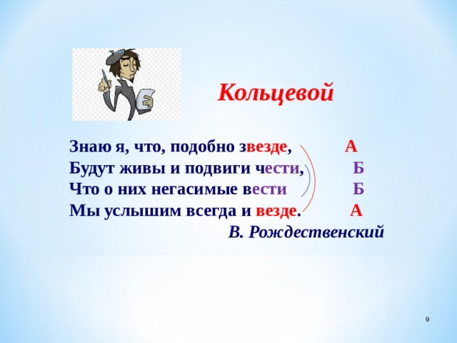 Кольцевой  Знаю я, что, подобно з везде , А Будут живы и подвиги ч ести , Б Что о них негасимые в ести  Б Мы услышим всегда и везде . А  В. Рождественский  