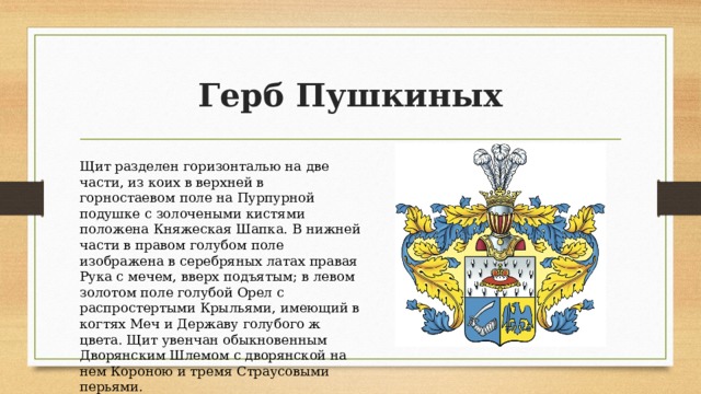 Герб Пушкиных Щит разделен горизонталью на две части, из коих в верхней в горностаевом поле на Пурпурной подушке с золочеными кистями положена Княжеская Шапка. В нижней части в правом голубом поле изображена в серебряных латах правая Рука с мечем, вверх подъятым; в левом золотом поле голубой Орел с распростертыми Крыльями, имеющий в когтях Меч и Державу голубого ж цвета. Щит увенчан обыкновенным Дворянским Шлемом с дворянской на нем Короною и тремя Страусовыми перьями. 