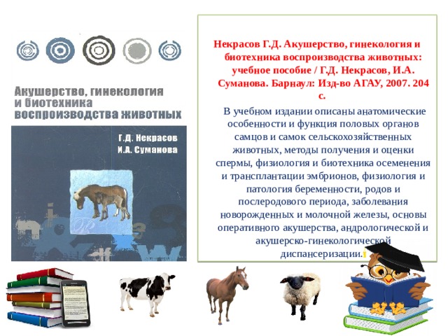 Некрасов Г.Д. Акушерство, гинекология и биотехника воспроизводства животных: учебное пособие / Г.Д. Некрасов, И.А. Суманова. Барнаул: Изд-во АГАУ, 2007. 204 с.     В учебном издании описаны анатомические особенности и функция половых органов самцов и самок сельскохозяйственных животных, методы получения и оценки спермы, физиология и биотехника осеменения и трансплантации эмбрионов, физиология и патология беременности, родов и послеродового периода, заболевания новорожденных и молочной железы, основы оперативного акушерства, андрологической и акушерско-гинекологической диспансеризации. 