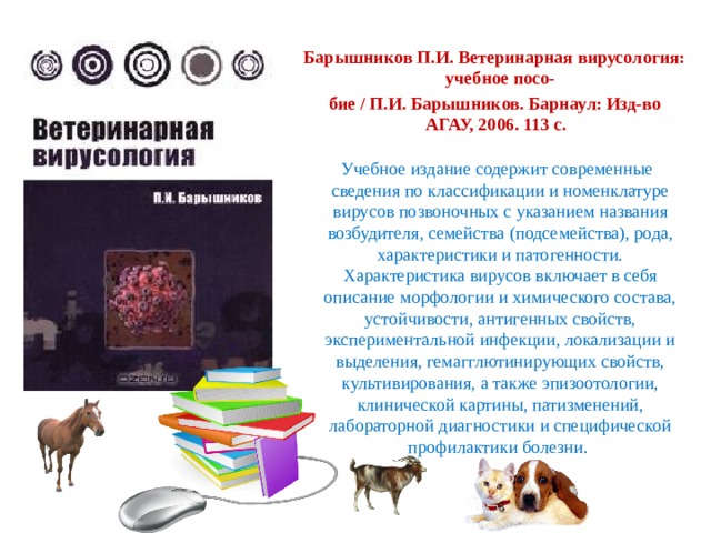 Барышников П.И. Ветеринарная вирусология: учебное посо- бие / П.И. Барышников. Барнаул: Изд-во АГАУ, 2006. 113 с.  Учебное издание содержит современные сведения по классификации и номенклатуре вирусов позвоночных с указанием названия возбудителя, семейства (подсемейства), рода, характеристики и патогенности. Характеристика вирусов включает в себя описание морфологии и химического состава, устойчивости, антигенных свойств, экспериментальной инфекции, локализации и выделения, гемагглютинирующих свойств, культивирования, а также эпизоотологии, клинической картины, патизменений, лабораторной диагностики и специфической профилактики болезни. 
