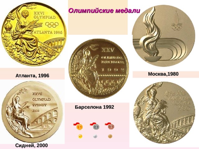 Олимпийские медали Москва,1980 Атланта, 1996 Барселона 1992 Сидней, 2000 