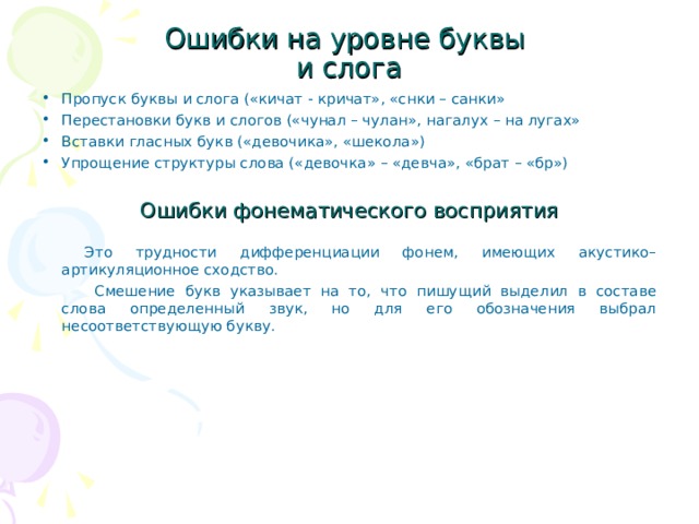 Ошибки на уровне буквы  и слога Пропуск буквы и слога («кичат - кричат», «снки – санки» Перестановки букв и слогов («чунал – чулан», нагалух – на лугах» Вставки гласных букв («девочика», «шекола») Упрощение структуры слова («девочка» – «девча», «брат – «бр»)  Ошибки фонематического восприятия   Это трудности дифференциации фонем, имеющих акустико–артикуляционное сходство.   Смешение букв указывает на то, что пишущий выделил в составе слова определенный звук, но для его обозначения выбрал несоответствующую букву.  