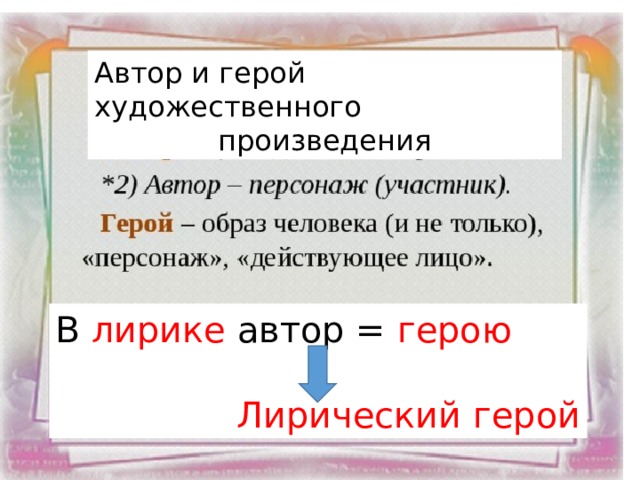 Автор и герой художественного произведения В лирике автор = герою  Лирический герой 