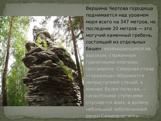 Вершина Чертова городища поднимается над уровнем моря всего на 347 метров, но последние 20 метров — это могучий каменный гребень, состоящий из отдельных башен , возвышающихся на высоком, сложенном гранитными плитами, постаменте. Северная стена «городища» обрывается неприступной стеной, а южная, более пологая, — гигантскими ступенями спускается вниз, в долину небольшой заболоченной речки Семипалатинки - одного из многочисленных притоков Исети . 