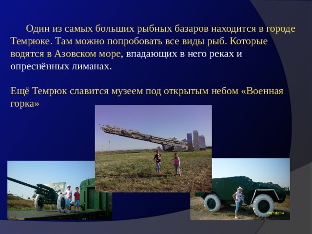  Один из самых больших рыбных базаров находится в городе Темрюке. Там можно попробовать все виды рыб. Которые водятся в Азовском море , впадающих в него реках и опреснённых лиманах. Ещё Темрюк славится музеем под открытым небом «Военная горка»  
