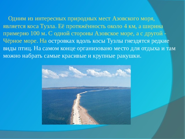  Одним из интересных природных мест Азовского моря, является коса Тузла. Её протяжённость около 4 км, а ширина примерно 100 м . С одной стороны Азовское море, а с другой - Чёрное море. На островках вдоль косы Тузлы гнездятся редкие виды птиц. На самом конце организовано место для отдыха и там можно набрать самые красивые и крупные ракушки.  