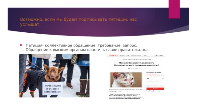 Возможно, если мы будем подписывать петиции, нас услышат. Петиция- коллективное обращение, требование, запрос. Обращение к высшим органам власти, к главе правительства. 