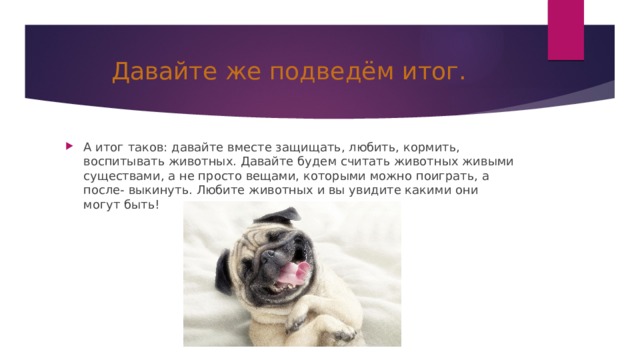  Давайте же подведём итог. А итог таков: давайте вместе защищать, любить, кормить, воспитывать животных. Давайте будем считать животных живыми существами, а не просто вещами, которыми можно поиграть, а после- выкинуть. Любите животных и вы увидите какими они могут быть! 
