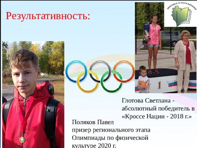Результативность: Глотова Светлана - абсолютный победитель в «Кроссе Нации - 2018 г.» Поляков Павел призер регионального этапа Олимпиады по физической культуре 2020 г. 