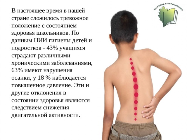 В настоящее время в нашей стране сложилось тревожное положение с состоянием здоровья школьников. По данным НИИ гигиены детей и подростков - 43% учащихся страдают различными хроническими заболеваниями, 63% имеют нарушения осанки, у 18 % наблюдается повышенное давление. Эти и другие отклонения в состоянии здоровья являются следствием снижения двигательной активности. 