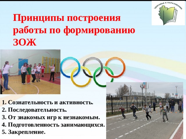 Принципы построения работы по формированию ЗОЖ 1. Сознательность и активность. 2. Последовательность. 3. От знакомых игр к незнакомым. 4.  Подготовленность занимающихся. 5. Закрепление. 