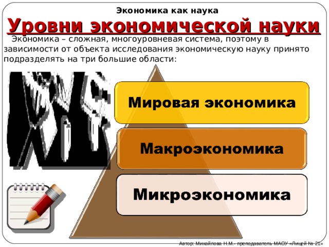 Экономика как наука Уровни экономической науки  Экономика – сложная, многоуровневая система, поэтому в зависимости от объекта исследования экономическую науку принято подразделять на три большие области: Автор: Михайлова Н.М.- преподаватель МАОУ «Лицей № 21» 