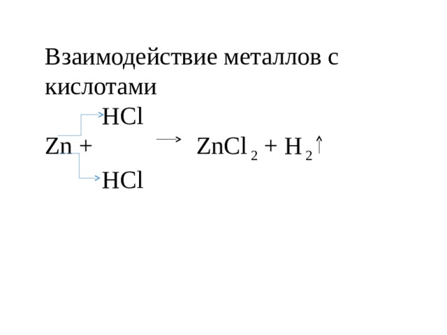 Взаимодействие металлов с кислотами   HCl Zn +  ZnCl 2 + H 2    HCl 