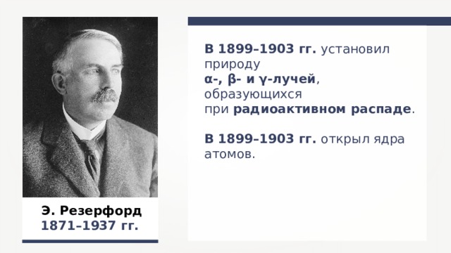 В 1899–1903 гг. установил природу α-, β- и γ-лучей , образующихся при радиоактивном распаде . В 1899–1903 гг. открыл ядра атомов. Э. Резерфорд 1871–1937 гг.  