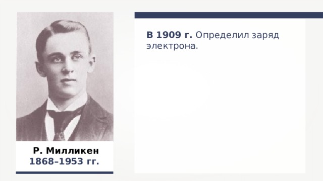 В 1909 г. Определил заряд электрона. Р. Милликен 1868–1953 гг.  
