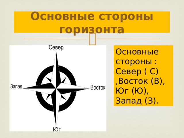 Основные стороны горизонта Основные стороны : Север ( С) ,Восток (В), Юг (Ю), Запад (З). 