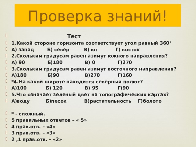 Проверка знаний!  Тест 1.Какой стороне горизонта соответствует угол равный 360° А) запад Б) север В) юг Г) восток 2.Скольким градусам равен азимут южного направления? А) 90 Б)180 В) 0 Г)270 3.Скольким градусам равен азимут восточного направления? А)180 Б)90 В)270 Г)160 *4.На какой широте находится северный полюс? А)100 Б) 120 В) 95 Г)90 5.Что означает зеленый цвет на топографических картах? А)воду Б)песок В)растительность Г)болото  * - сложный. 5 правильных ответов – « 5» 4 прав.отв. – «4» 3 прав.отв. – «3» 2 ,1 прав.отв. – «2» 