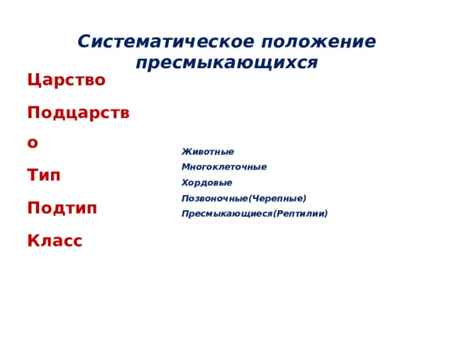 Систематическое положение пресмыкающихся      Животные  Многоклеточные  Хордовые  Позвоночные(Черепные)  Пресмыкающиеся(Рептилии)          Царство Подцарство Тип Подтип Класс 
