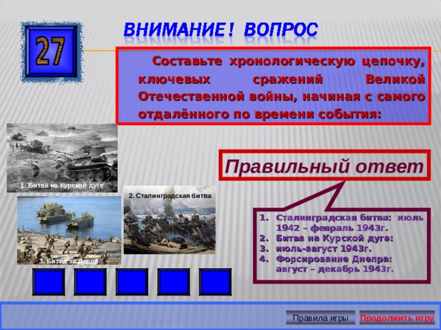 Сталинградская битва: июль 1942 – февраль 1943г. Битва на Курской дуге: июль-август 1943г. Форсирование Днепра: август – декабрь 1943г.  Составьте хронологическую цепочку, ключевых сражений Великой Отечественной войны, начиная с самого отдалённого по времени события:   Правильный ответ 1. Битва на Курской дуге 2. Сталинградская битва 3. Битва за Днепр Правила игры Продолжить игру 