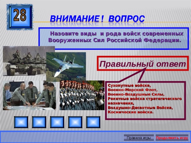 Сухопутные войска, Военно-Морской Флот, Военно-Воздушные Силы, Ракетные войска стратегического назначения, Воздушно-Десантные Войска, Космические войска.  Назовите виды и рода войск современных Вооруженных Сил Российской Федерации. Правильный ответ Правила игры Продолжить игру 