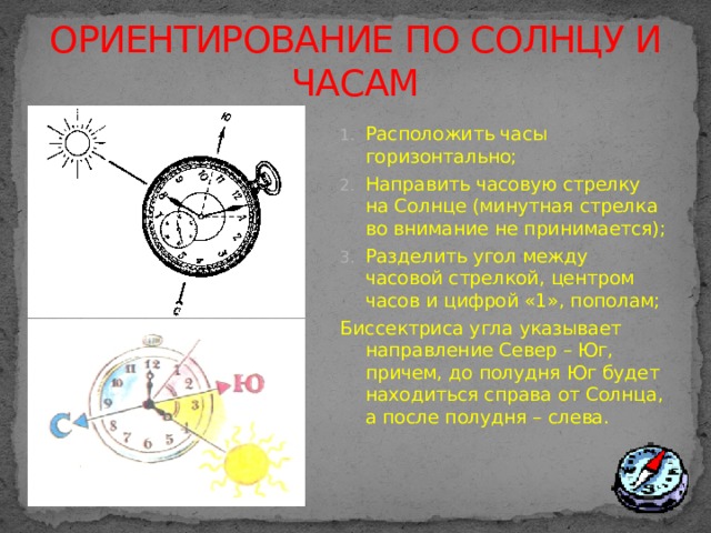 ОРИЕНТИРОВАНИЕ ПО СОЛНЦУ И ЧАСАМ Расположить часы горизонтально; Направить часовую стрелку на Солнце (минутная стрелка во внимание не принимается); Разделить угол между часовой стрелкой, центром часов и цифрой «1», пополам; Биссектриса угла указывает направление Север – Юг, причем, до полудня Юг будет находиться справа от Солнца, а после полудня – слева. 