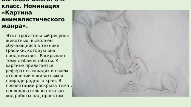 Бычкова Ольга: 6 А класс. Номинация «Картина анималистического жанра».  Этот трогательный рисунок животных, выполнен обучающейся в технике графики, которую она предпочитает. Раскрывает тему любви и заботы. К картине прилагается реферат о лошадях и своём отношении к животным и природе родного края. В презентации раскрыта тема и последовательно показан ход работы над проектом. 